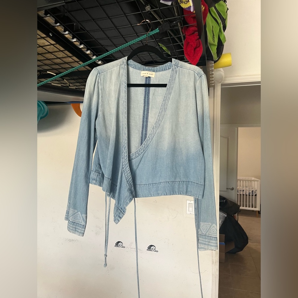 Denim ombre tie up crossover long sleeve shirt